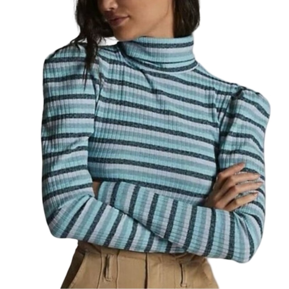 🛼 Anthropologie Maeve Puff Shoulder Ribbed Turtleneck in Aqua, Size Medium